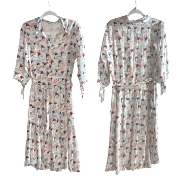 Boho Floral Silk Blend Pleated Midi Shirt Dress Size Medium Brunch Wedding Guest - Picture 1 of 7